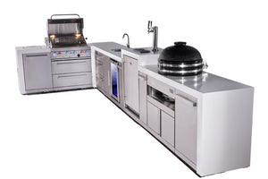 Mont Alpi Islands Mont Alpi 400 Deluxe Island with 90 Degree Corner, Kegerator, Beverage Center, Kamado Grill, and Drawer Cabinet | 4-Burner Grill, 3 Drawers, 3 Beer Taps, Sink, Fridge, Stainless Steel | MAi400-D90KEGBEVKAMDR