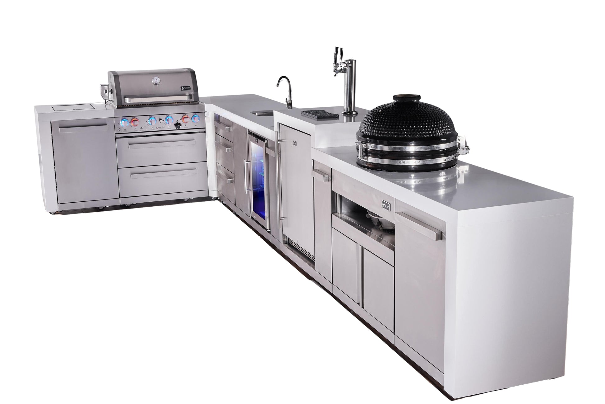 Mont Alpi Islands Mont Alpi 400 Deluxe Island with 90 Degree Corner, Kegerator, Beverage Center, Kamado Grill, and Drawer Cabinet | 4-Burner Grill, 3 Drawers, 3 Beer Taps, Sink, Fridge, Stainless Steel | MAi400-D90KEGBEVKAMDR