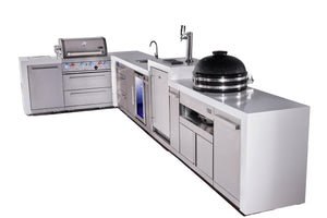 Mont Alpi Islands Mont Alpi 400 Deluxe Island with 90 Degree Corner, Kegerator, Beverage Center, Kamado Grill, and Drawer Cabinet | 4-Burner Grill, 3 Drawers, 3 Beer Taps, Sink, Fridge, Stainless Steel | MAi400-D90KEGBEVKAMDR