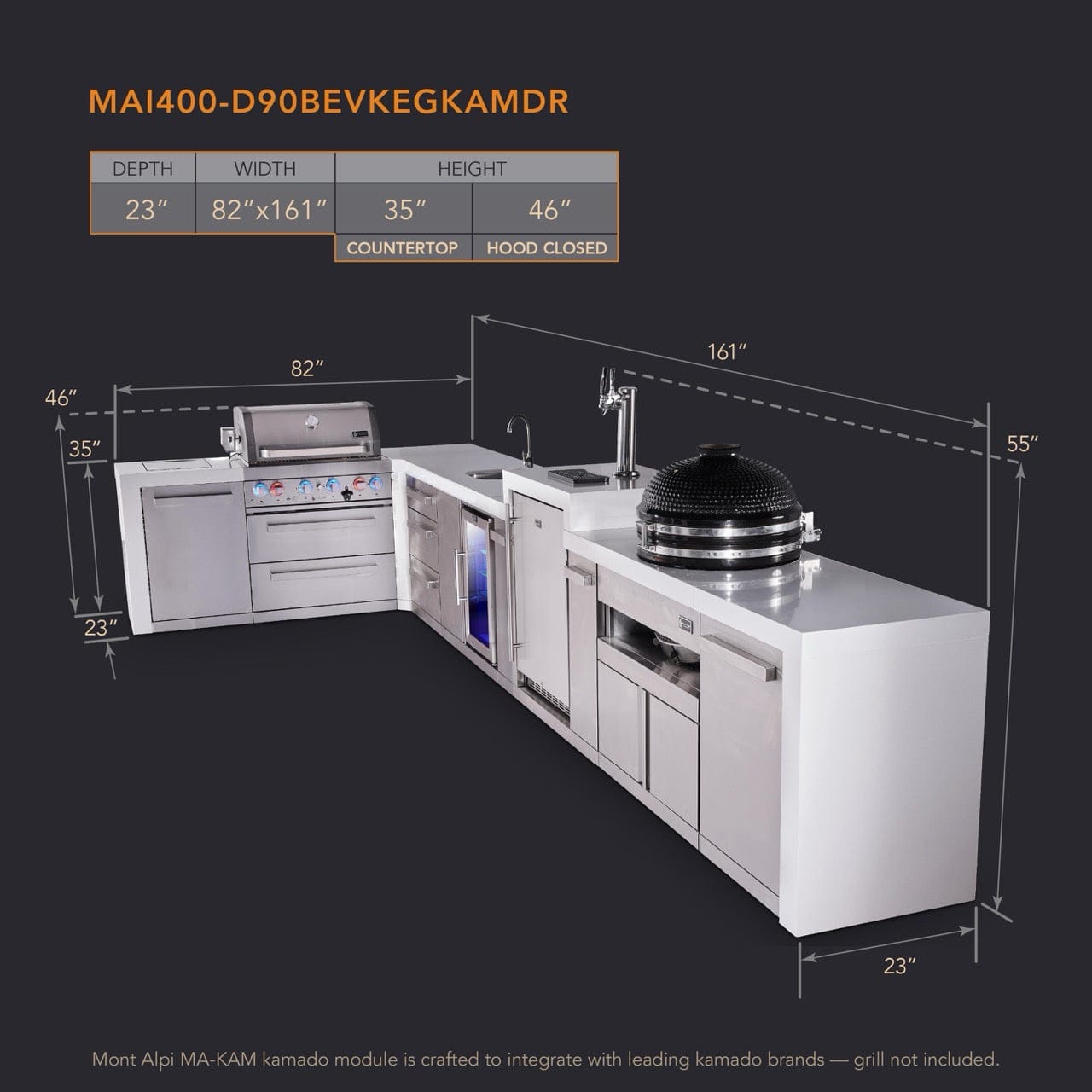Mont Alpi Islands Mont Alpi 400 Deluxe Island with 90 Degree Corner, Kegerator, Beverage Center, Kamado Grill, and Drawer Cabinet | 4-Burner Grill, 3 Drawers, 3 Beer Taps, Sink, Fridge, Stainless Steel | MAi400-D90KEGBEVKAMDR