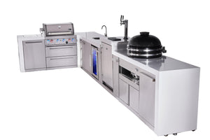 Mont Alpi Islands Mont Alpi 400 Deluxe Island with 90 Degree Corner, Kegerator, Beverage Center, Kamado Grill, and Extra Storage Cabinet | 4-Burner Grill, 3 Beer Taps, Sink, Fridge, Stainless Steel | MAi400-D90KEGBEVKAMXL
