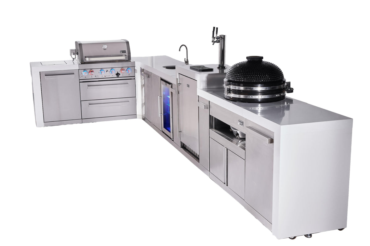 Mont Alpi Islands Mont Alpi 400 Deluxe Island with 90 Degree Corner, Kegerator, Beverage Center, Kamado Grill, and Extra Storage Cabinet | 4-Burner Grill, 3 Beer Taps, Sink, Fridge, Stainless Steel | MAi400-D90KEGBEVKAMXL