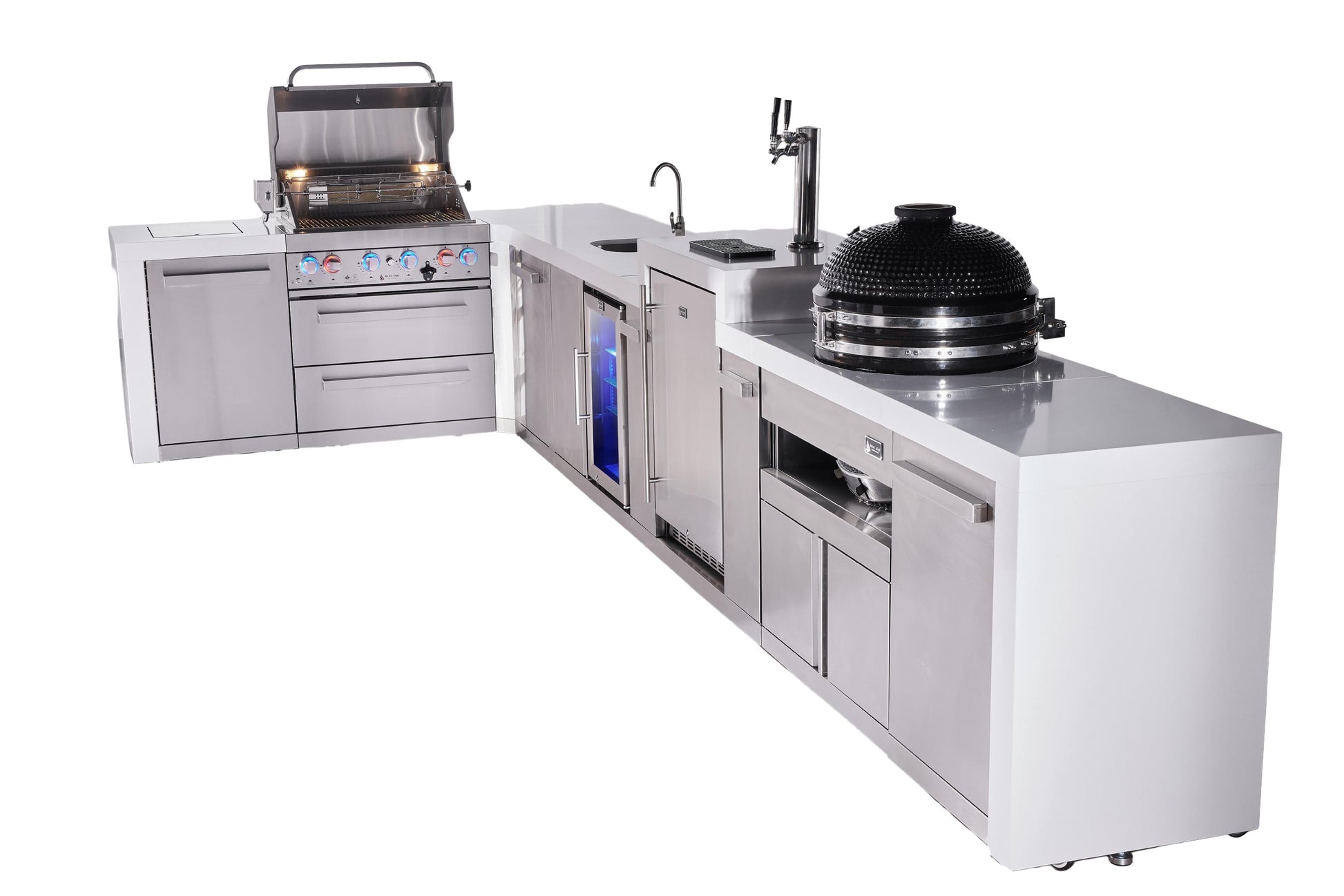 Mont Alpi Islands Mont Alpi 400 Deluxe Island with 90 Degree Corner, Kegerator, Beverage Center, Kamado Grill, and Extra Storage Cabinet | 4-Burner Grill, 3 Beer Taps, Sink, Fridge, Stainless Steel | MAi400-D90KEGBEVKAMXL