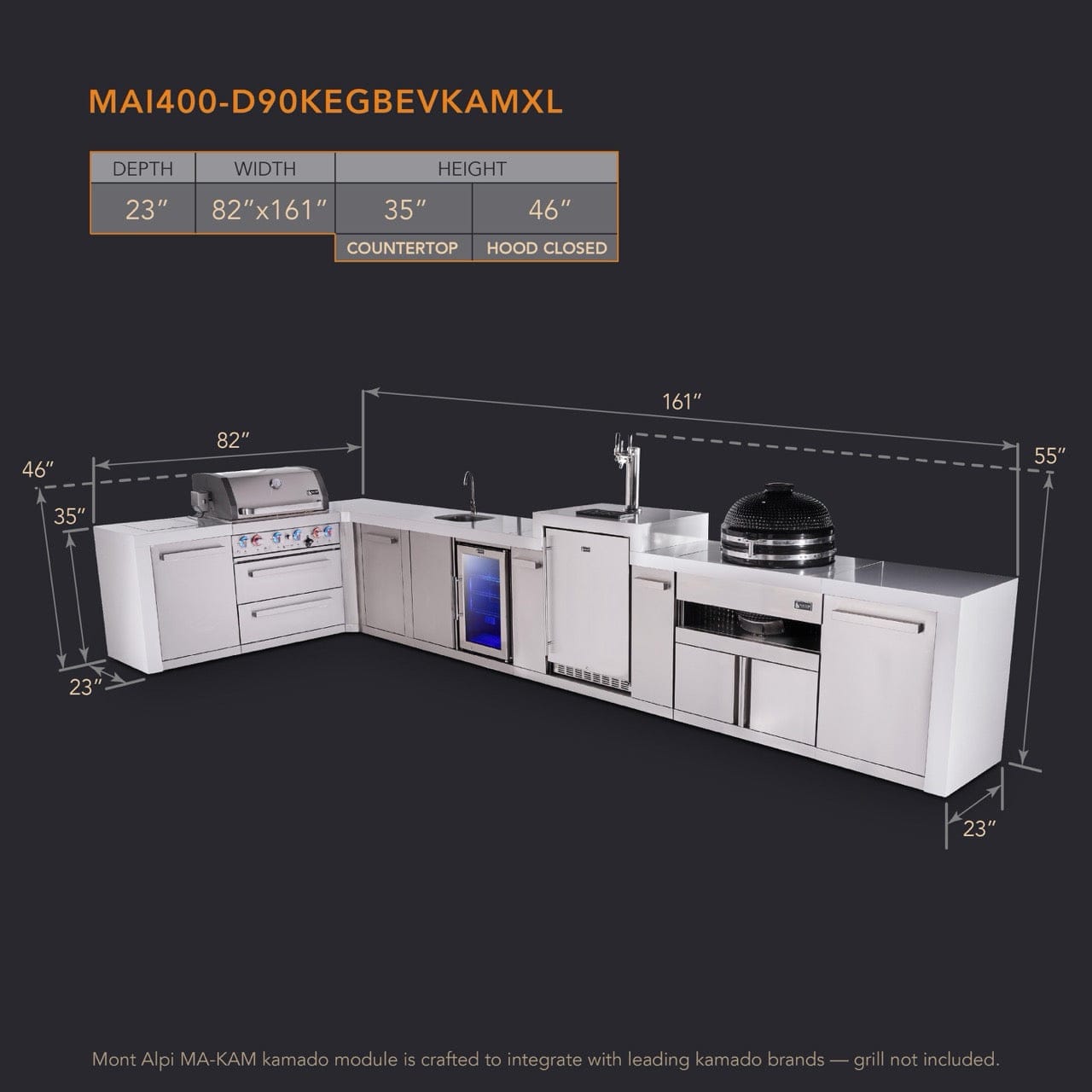 Mont Alpi Islands Mont Alpi 400 Deluxe Island with 90 Degree Corner, Kegerator, Beverage Center, Kamado Grill, and Extra Storage Cabinet | 4-Burner Grill, 3 Beer Taps, Sink, Fridge, Stainless Steel | MAi400-D90KEGBEVKAMXL