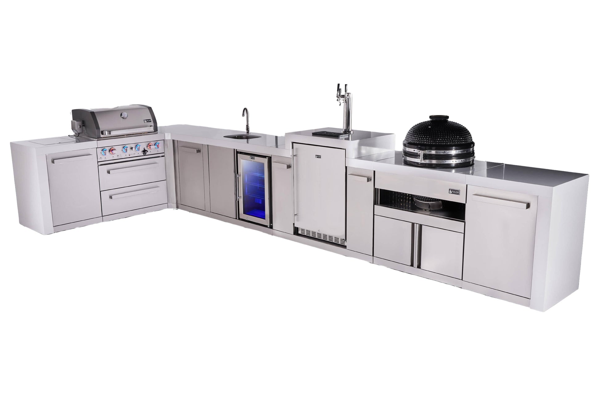 Mont Alpi Islands Mont Alpi 400 Deluxe Island with 90 Degree Corner, Kegerator, Beverage Center, Kamado Grill, and Extra Storage Cabinet | 4-Burner Grill, 3 Beer Taps, Sink, Fridge, Stainless Steel | MAi400-D90KEGBEVKAMXL