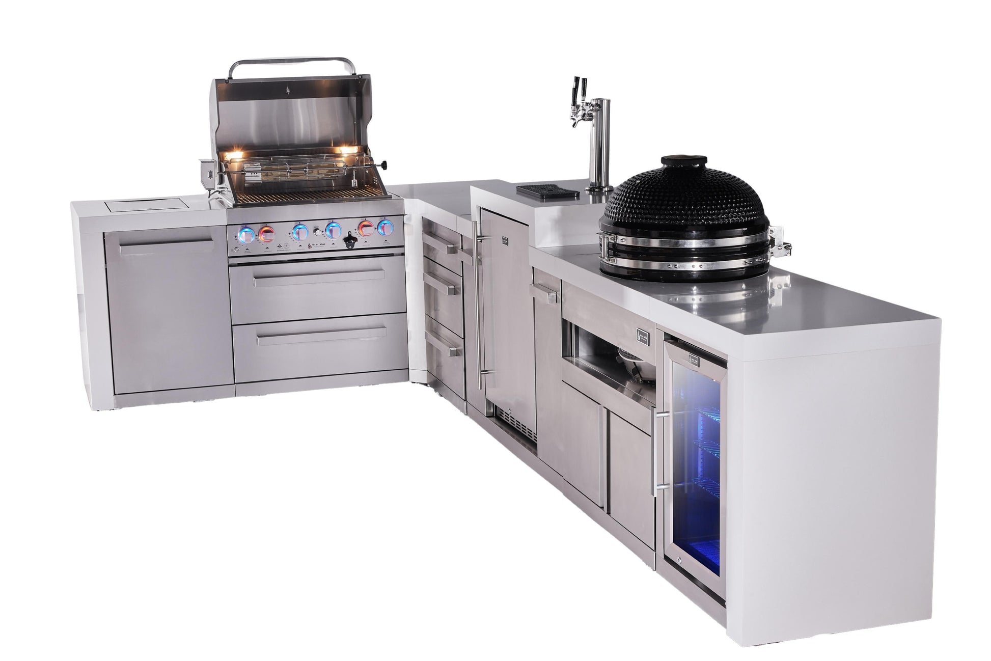 Mont Alpi Islands Mont Alpi 400 Deluxe Island with 90 Degree Corner, Kegerator, Fridge Cabinet, Kamado Grill, and Drawer Cabinet | 4-Burner Grill, 3 Drawers, 3 Beer Taps, Fridge, Stainless Steel | MAi400-D90KEGFCKAMDR