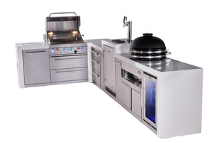 Mont Alpi Islands Mont Alpi 400 Deluxe Island with 90 Degree Corner, Kegerator, Fridge Cabinet, Kamado Grill, and Drawer Cabinet | 4-Burner Grill, 3 Drawers, 3 Beer Taps, Fridge, Stainless Steel | MAi400-D90KEGFCKAMDR