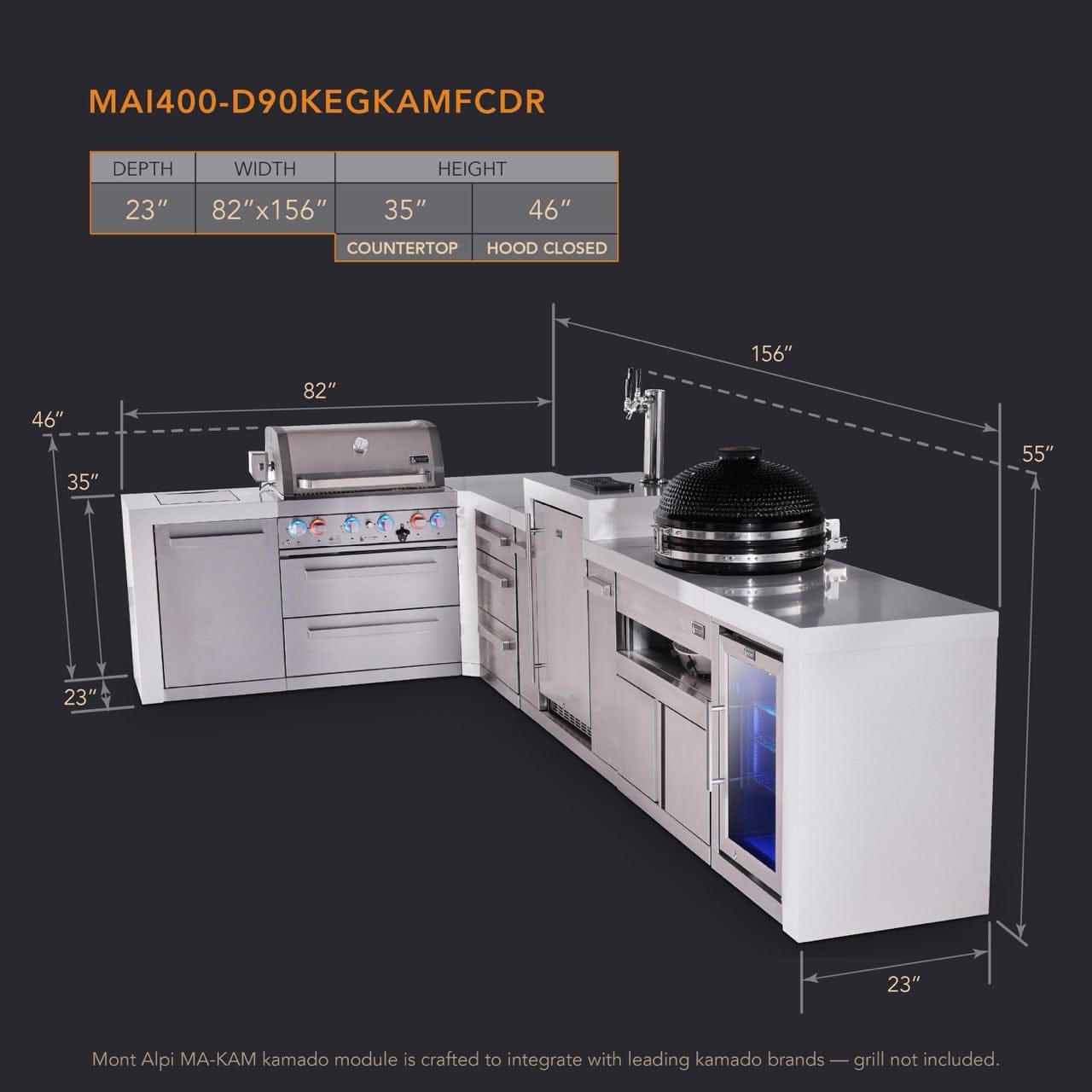 Mont Alpi Islands Mont Alpi 400 Deluxe Island with 90 Degree Corner, Kegerator, Fridge Cabinet, Kamado Grill, and Drawer Cabinet | 4-Burner Grill, 3 Drawers, 3 Beer Taps, Fridge, Stainless Steel | MAi400-D90KEGFCKAMDR