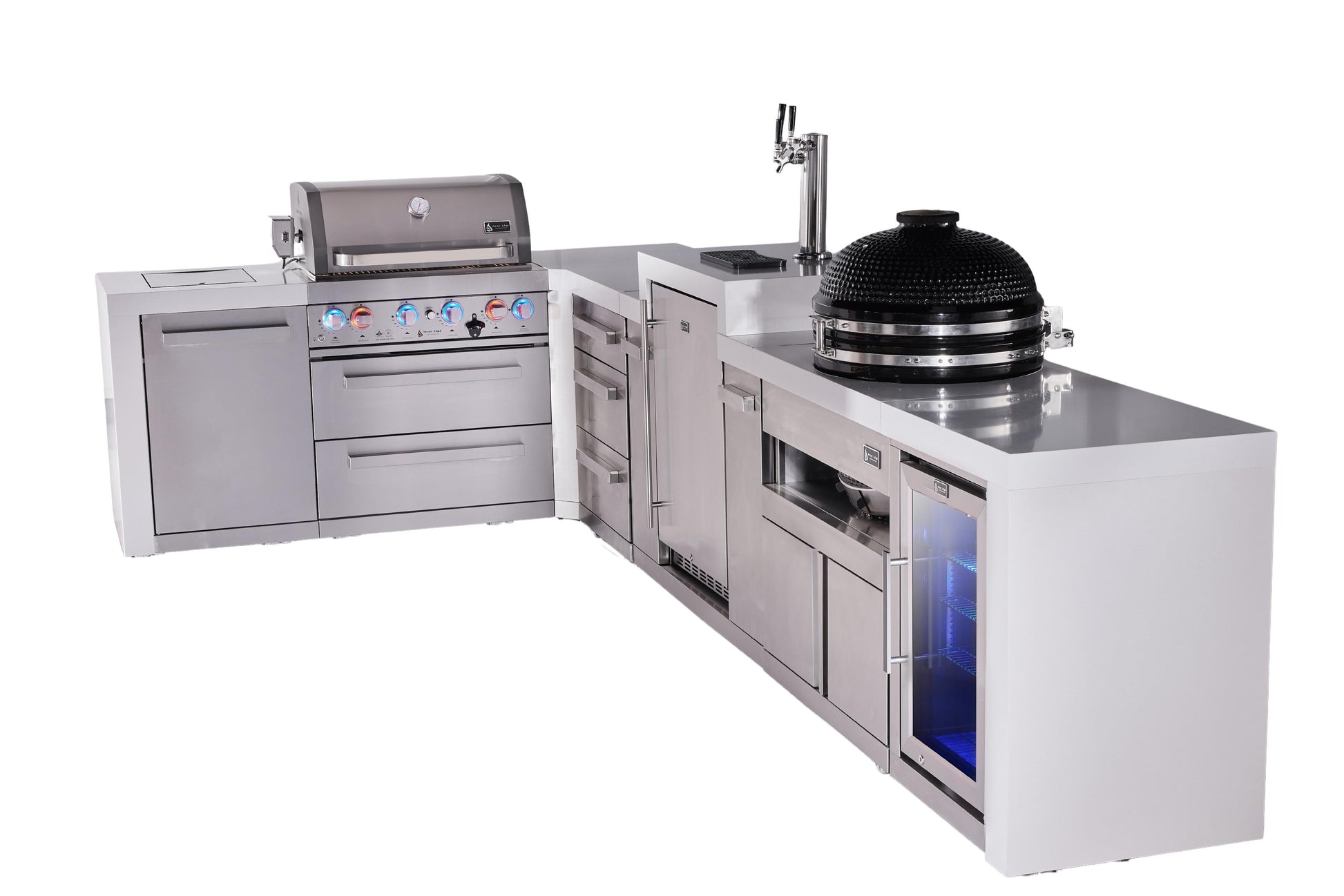 Mont Alpi Islands Mont Alpi 400 Deluxe Island with 90 Degree Corner, Kegerator, Fridge Cabinet, Kamado Grill, and Drawer Cabinet | 4-Burner Grill, 3 Drawers, 3 Beer Taps, Fridge, Stainless Steel | MAi400-D90KEGFCKAMDR