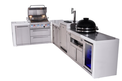 Mont Alpi Islands Mont Alpi 400 Deluxe Island with 90 Degree Corner, Kegerator, Fridge Cabinet, Kamado Grill, and Extra Storage Cabinet | 4-Burner Grill, 3 Beer Taps, Fridge, Stainless Steel | MAi400-D90KEGFCKAMXL