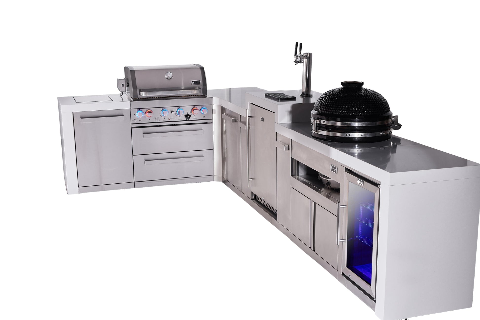 Mont Alpi Islands Mont Alpi 400 Deluxe Island with 90 Degree Corner, Kegerator, Fridge Cabinet, Kamado Grill, and Extra Storage Cabinet | 4-Burner Grill, 3 Beer Taps, Fridge, Stainless Steel | MAi400-D90KEGFCKAMXL