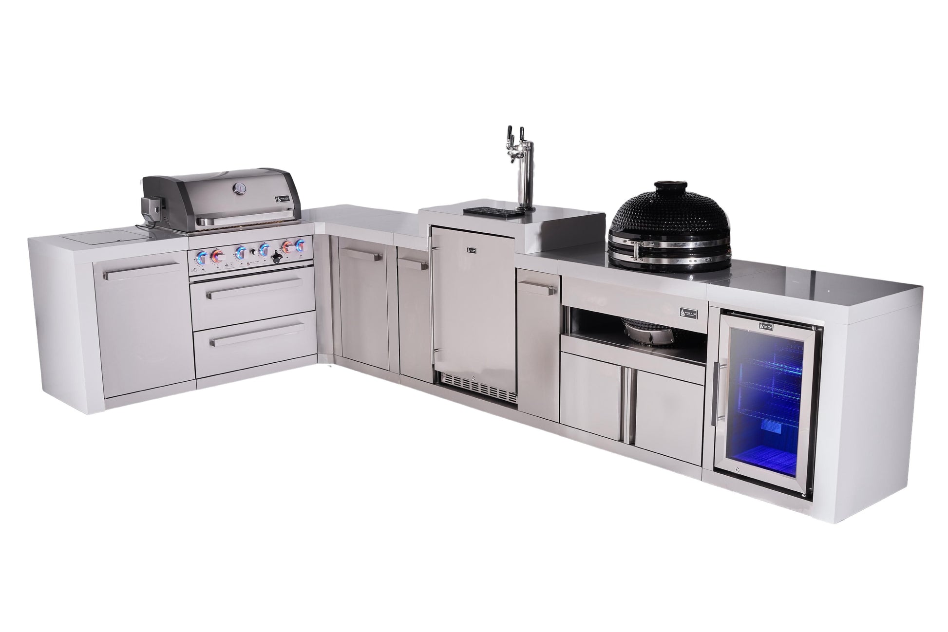 Mont Alpi Islands Mont Alpi 400 Deluxe Island with 90 Degree Corner, Kegerator, Fridge Cabinet, Kamado Grill, and Extra Storage Cabinet | 4-Burner Grill, 3 Beer Taps, Fridge, Stainless Steel | MAi400-D90KEGFCKAMXL