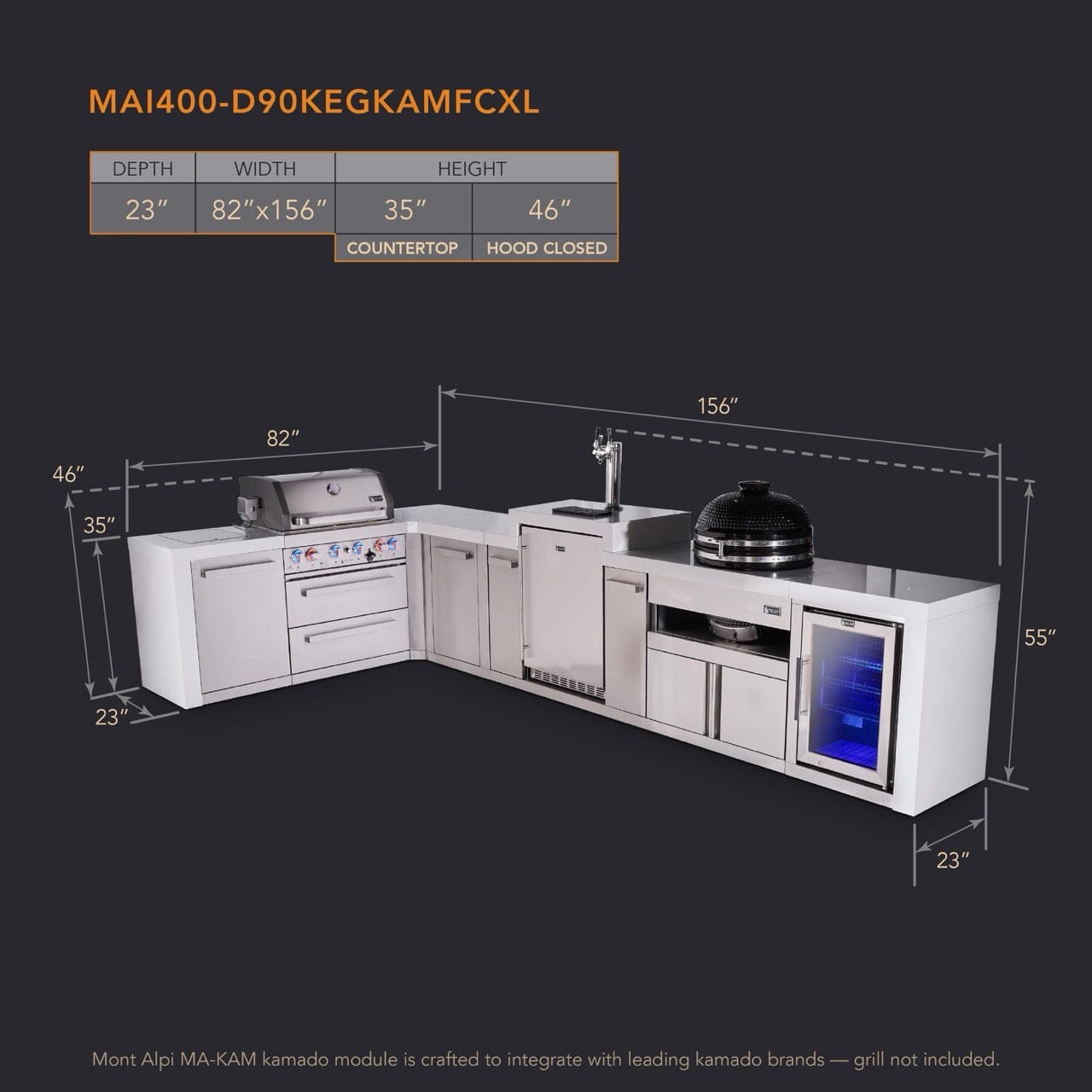 Mont Alpi Islands Mont Alpi 400 Deluxe Island with 90 Degree Corner, Kegerator, Fridge Cabinet, Kamado Grill, and Extra Storage Cabinet | 4-Burner Grill, 3 Beer Taps, Fridge, Stainless Steel | MAi400-D90KEGFCKAMXL
