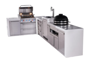 Mont Alpi Islands Mont Alpi 400 Deluxe Island with 90 Degree Corner, Kegerator, Kamado Grill, and Drawer Cabinet | 4-Burner Grill, 3 Drawers, 3 Beer Taps, Stainless Steel | MAi400-D90KEGKAMDR