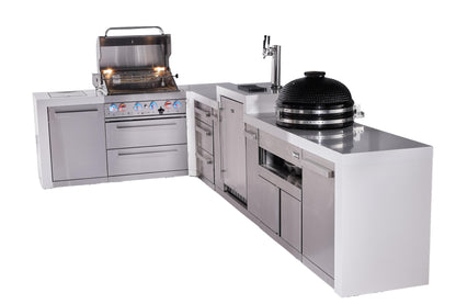 Mont Alpi Islands Mont Alpi 400 Deluxe Island with 90 Degree Corner, Kegerator, Kamado Grill, and Drawer Cabinet | 4-Burner Grill, 3 Drawers, 3 Beer Taps, Stainless Steel | MAi400-D90KEGKAMDR