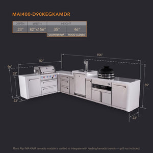 Mont Alpi Islands Mont Alpi 400 Deluxe Island with 90 Degree Corner, Kegerator, Kamado Grill, and Drawer Cabinet | 4-Burner Grill, 3 Drawers, 3 Beer Taps, Stainless Steel | MAi400-D90KEGKAMDR