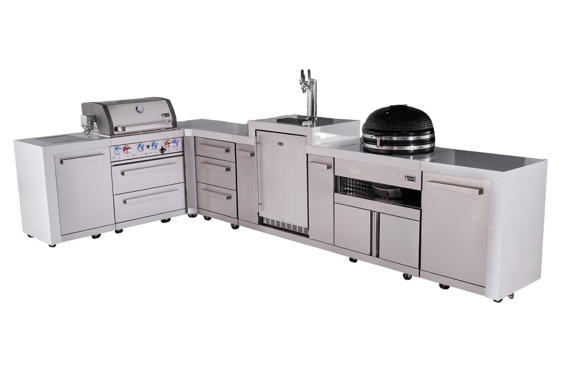 Mont Alpi Islands Mont Alpi 400 Deluxe Island with 90 Degree Corner, Kegerator, Kamado Grill, and Drawer Cabinet | 4-Burner Grill, 3 Drawers, 3 Beer Taps, Stainless Steel | MAi400-D90KEGKAMDR