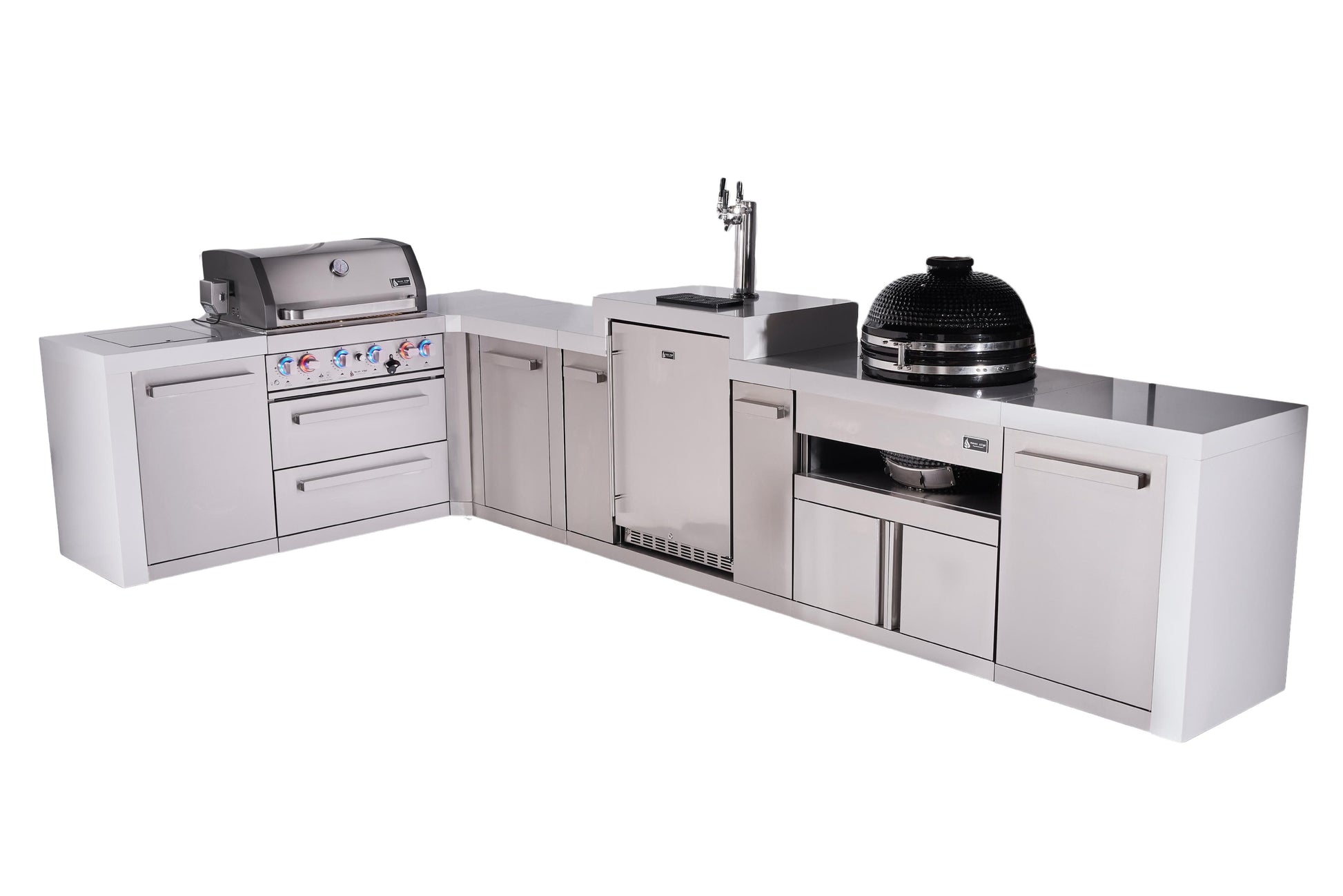 Mont Alpi Islands Mont Alpi 400 Deluxe Island with 90 Degree Corner, Kegerator, Kamado Grill, and Extra Storage Cabinet | 4-Burner Grill, 3 Beer Taps, Stainless Steel | MAi400-D90KEGKAMXL