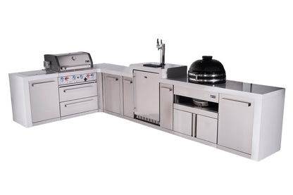 Mont Alpi Islands Mont Alpi 400 Deluxe Island with 90 Degree Corner, Kegerator, Kamado Grill, and Extra Storage Cabinet | 4-Burner Grill, 3 Beer Taps, Stainless Steel | MAi400-D90KEGKAMXL