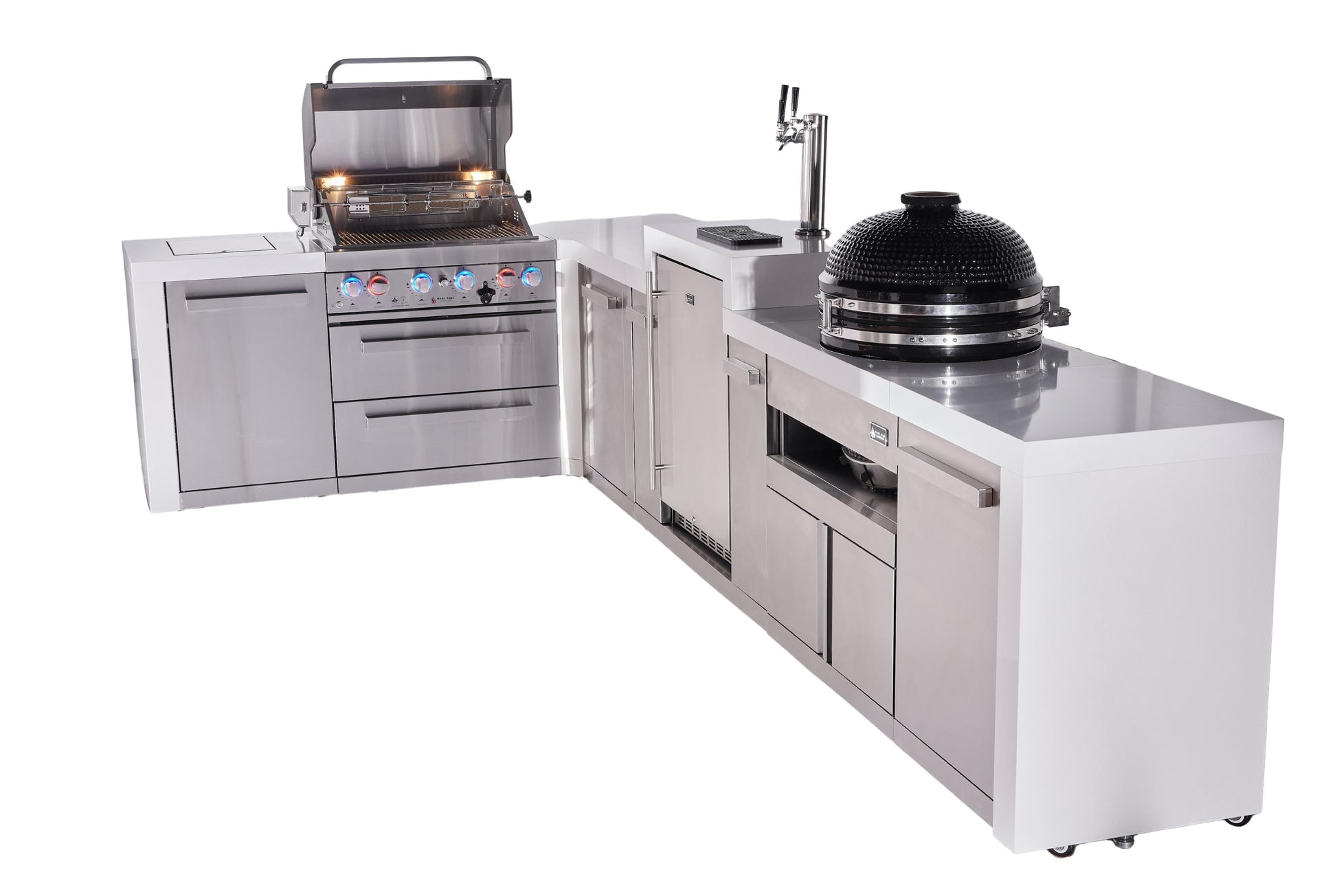 Mont Alpi Islands Mont Alpi 400 Deluxe Island with 90 Degree Corner, Kegerator, Kamado Grill, and Extra Storage Cabinet | 4-Burner Grill, 3 Beer Taps, Stainless Steel | MAi400-D90KEGKAMXL
