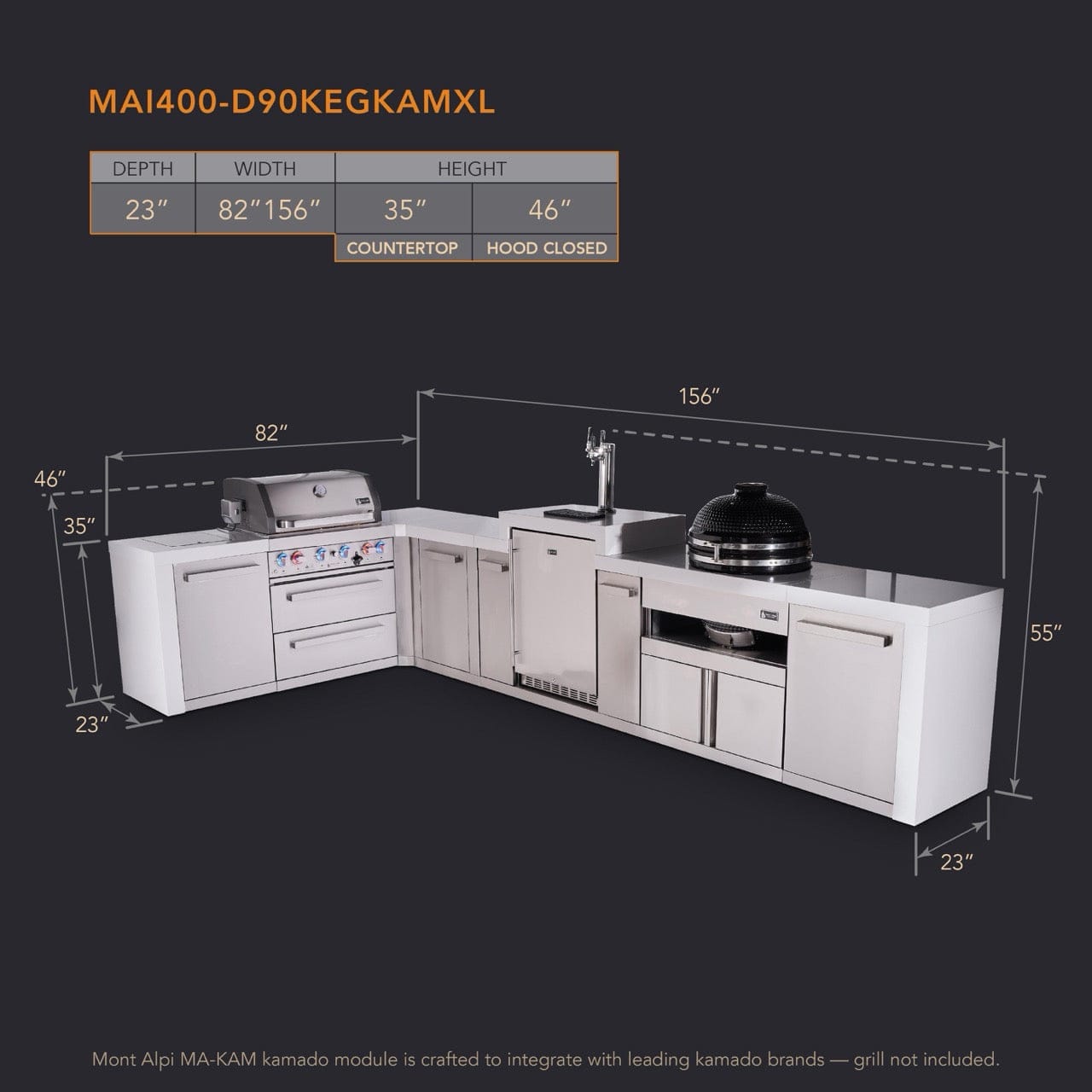Mont Alpi Islands Mont Alpi 400 Deluxe Island with 90 Degree Corner, Kegerator, Kamado Grill, and Extra Storage Cabinet | 4-Burner Grill, 3 Beer Taps, Stainless Steel | MAi400-D90KEGKAMXL