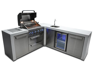 Mont Alpi Islands Mont Alpi 400 Deluxe Island with Beverage Center + 90 Degree Corner / 4-Burner Grill, 2 Infrared Burners, Stainless Steel, Sink, Fridge / MAi400-D90BEV