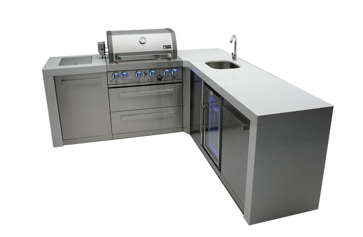 Mont Alpi Islands Mont Alpi 400 Deluxe Island with Beverage Center + 90 Degree Corner / 4-Burner Grill, 2 Infrared Burners, Stainless Steel, Sink, Fridge / MAi400-D90BEV