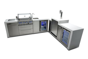 Mont Alpi Islands Mont Alpi 400 Deluxe Island with Beverage Center, 90 Degree Corner, Kegerator, and Fridge Cabinet / 4-Burner Grill, 2 Infrared Burners, Sink, 2 Fridges, 3 Beer Taps, Stainless Steel / MAi400-D90KEGBEVFC