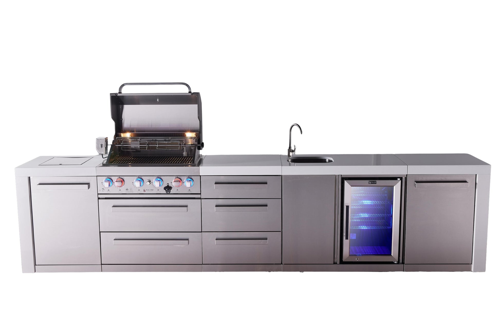 Mont Alpi Islands Mont Alpi 400 Deluxe Island with Beverage Center and Drawer Cabinet | 4-Burner Grill, 3 Drawers, Sink, Fridge, Stainless Steel | MAi400-DBEVDR