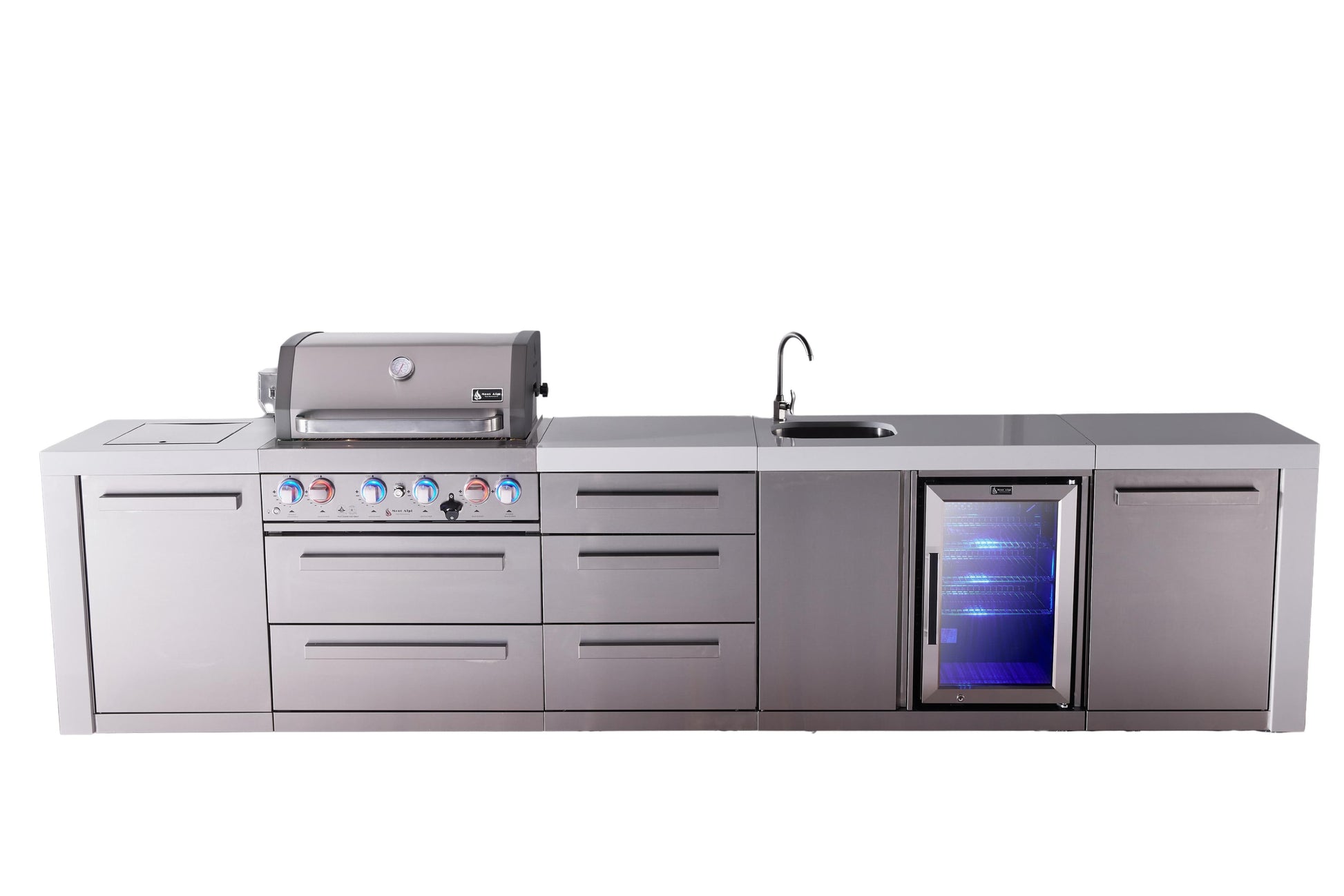 Mont Alpi Islands Mont Alpi 400 Deluxe Island with Beverage Center and Drawer Cabinet | 4-Burner Grill, 3 Drawers, Sink, Fridge, Stainless Steel | MAi400-DBEVDR