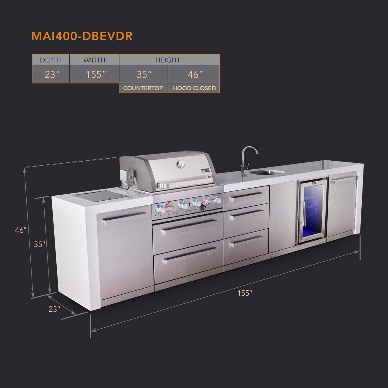 Mont Alpi Islands Mont Alpi 400 Deluxe Island with Beverage Center and Drawer Cabinet | 4-Burner Grill, 3 Drawers, Sink, Fridge, Stainless Steel | MAi400-DBEVDR