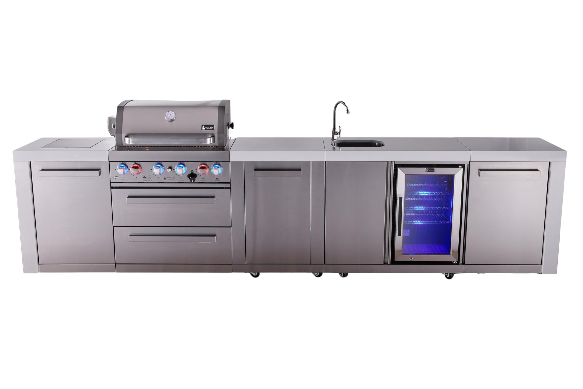 Mont Alpi Islands Mont Alpi 400 Deluxe Island with Beverage Center and Extra Storage Cabinet | 4-Burner Grill, Sink, Fridge, Stainless Steel | MAi400-DBEVXL