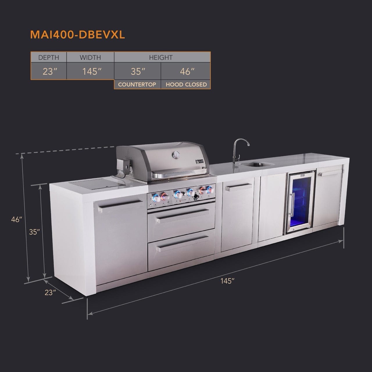 Mont Alpi Islands Mont Alpi 400 Deluxe Island with Beverage Center and Extra Storage Cabinet | 4-Burner Grill, Sink, Fridge, Stainless Steel | MAi400-DBEVXL