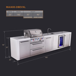 Mont Alpi Islands Mont Alpi 400 Deluxe Island with Beverage Center and Extra Storage Cabinet | 4-Burner Grill, Sink, Fridge, Stainless Steel | MAi400-DBEVXL