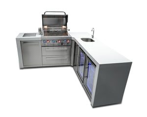 Mont Alpi Islands Mont Alpi 400 Deluxe Island with Beverage Center, Fridge Cabinet, and 90 Degree Corner / 4-Burner Grill, 2 Infrared Burners, Sink, 2 Fridges, Stainless Steel / MAi400-DBEV90FC