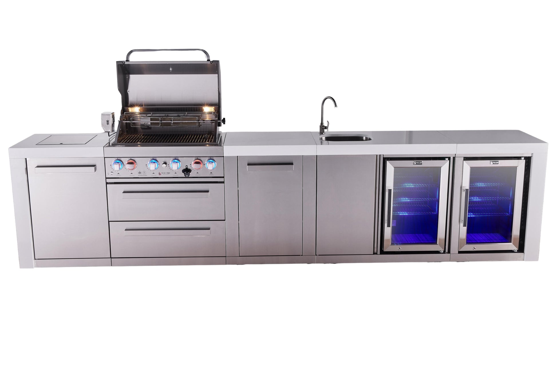 Mont Alpi Islands Mont Alpi 400 Deluxe Island with Beverage Center, Fridge Cabinet, and Extra Storage Cabinet | 4-Burner Grill, Sink, 2 Fridges, Stainless Steel | MAi400-DBEVFCXL