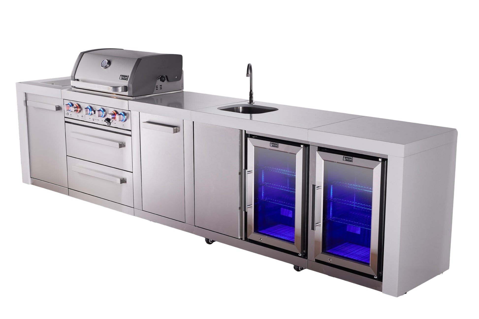 Mont Alpi Islands Mont Alpi 400 Deluxe Island with Beverage Center, Fridge Cabinet, and Extra Storage Cabinet | 4-Burner Grill, Sink, 2 Fridges, Stainless Steel | MAi400-DBEVFCXL