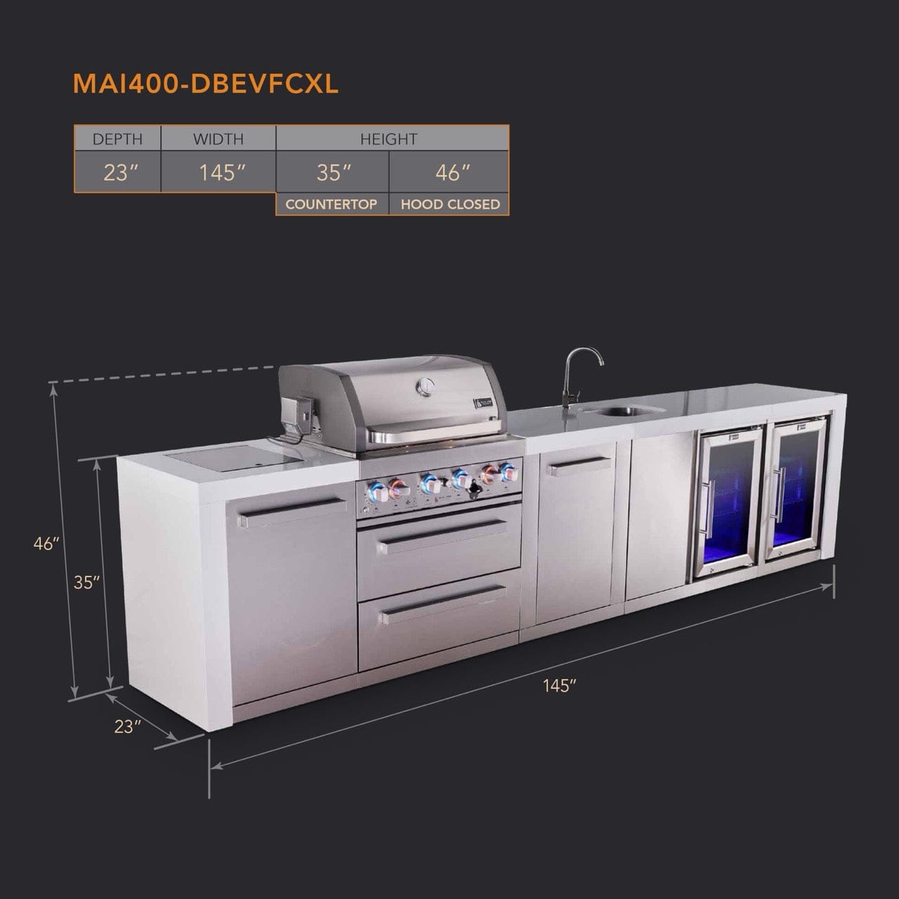 Mont Alpi Islands Mont Alpi 400 Deluxe Island with Beverage Center, Fridge Cabinet, and Extra Storage Cabinet | 4-Burner Grill, Sink, 2 Fridges, Stainless Steel | MAi400-DBEVFCXL