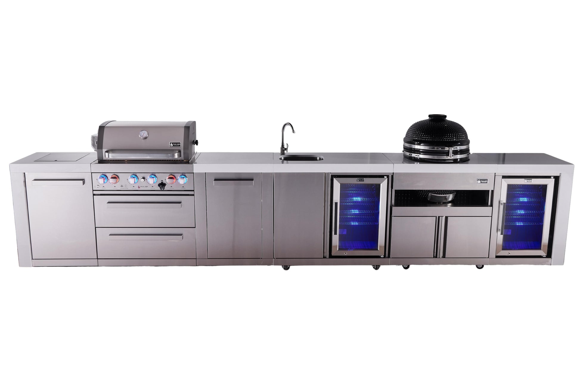 Mont Alpi Islands Mont Alpi 400 Deluxe Island with Beverage Center, Fridge Cabinet, Kamado Grill, and Extra Storage Cabinet | 4-Burner Grill, Sink, 2 Fridges, Stainless Steel | MAi400-DBEVFCKAMXL