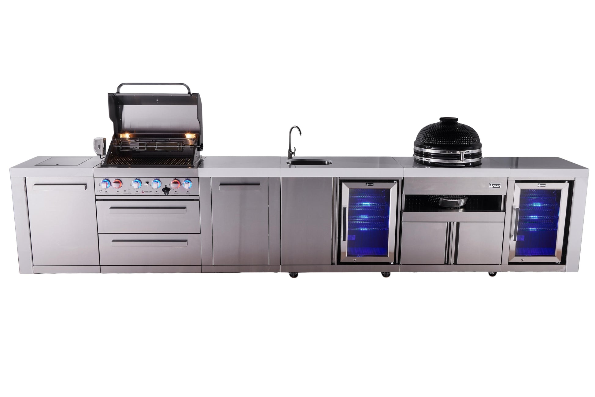 Mont Alpi Islands Mont Alpi 400 Deluxe Island with Beverage Center, Fridge Cabinet, Kamado Grill, and Extra Storage Cabinet | 4-Burner Grill, Sink, 2 Fridges, Stainless Steel | MAi400-DBEVFCKAMXL
