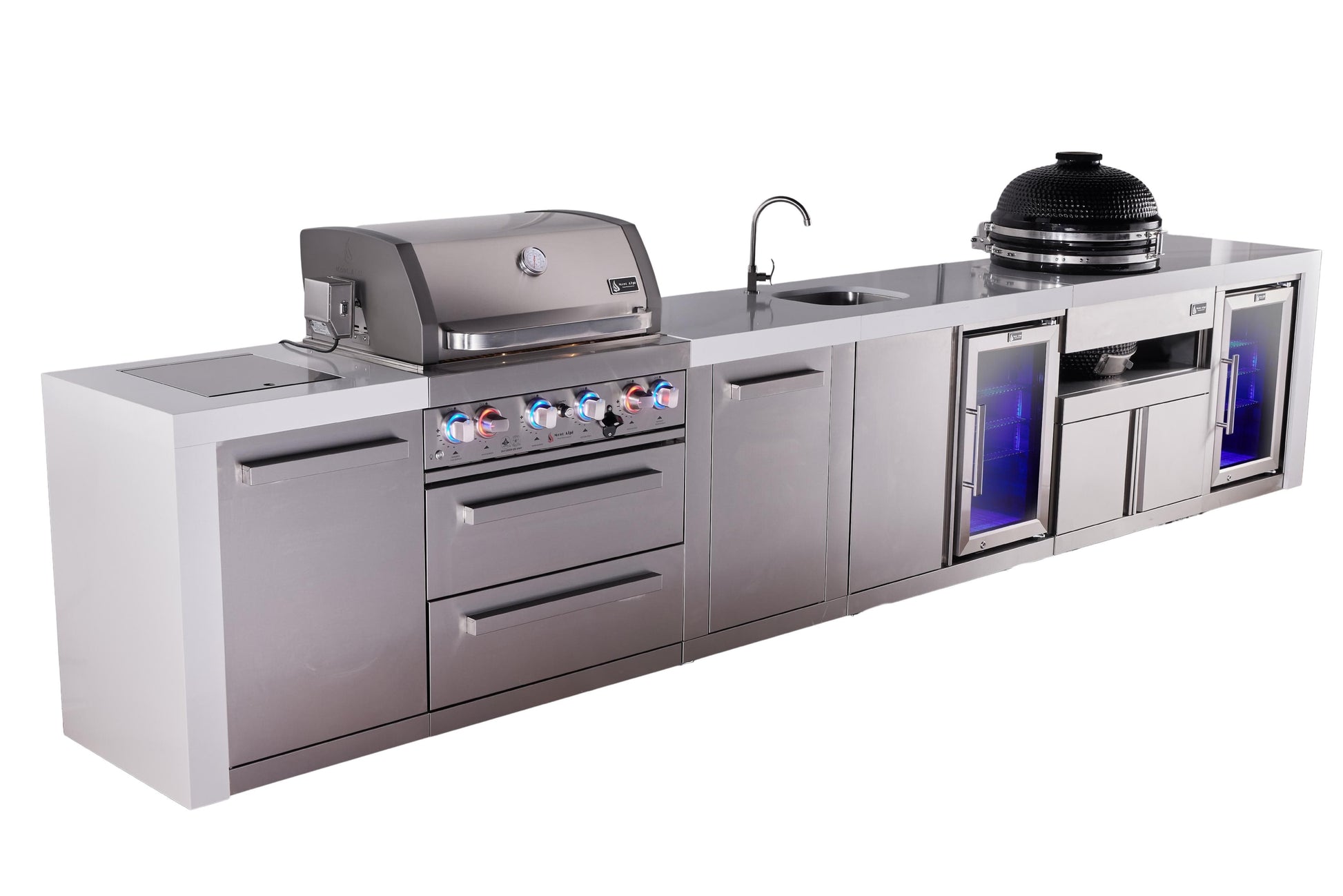 Mont Alpi Islands Mont Alpi 400 Deluxe Island with Beverage Center, Fridge Cabinet, Kamado Grill, and Extra Storage Cabinet | 4-Burner Grill, Sink, 2 Fridges, Stainless Steel | MAi400-DBEVFCKAMXL