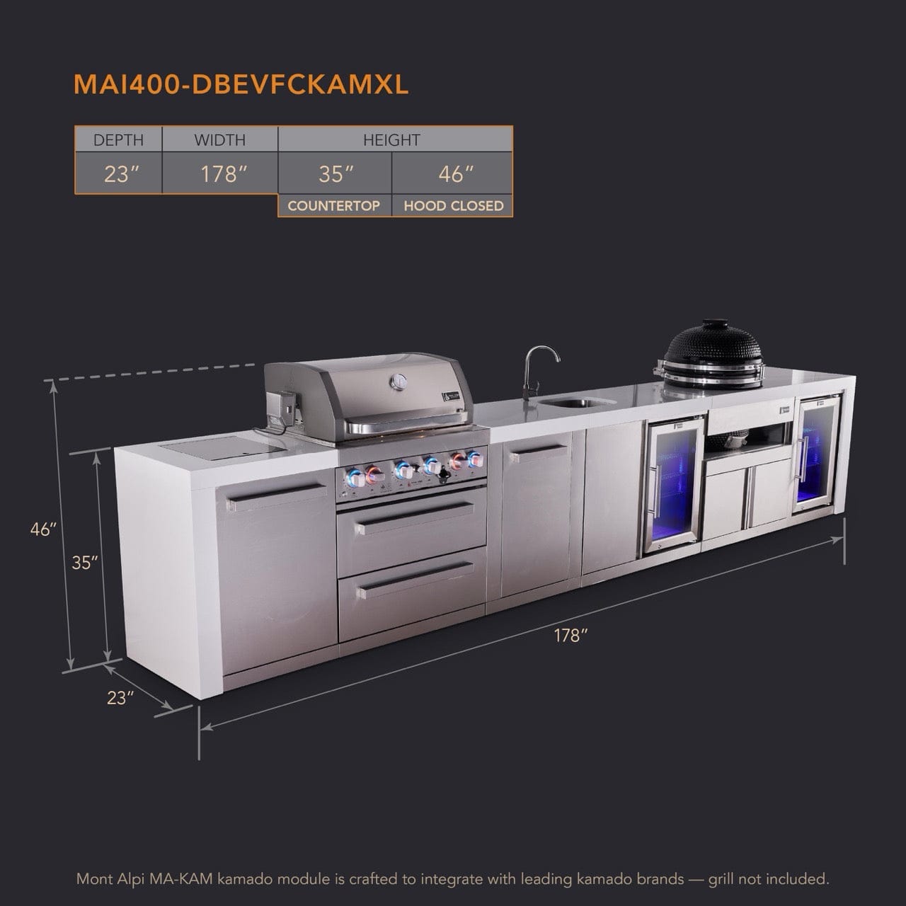 Mont Alpi Islands Mont Alpi 400 Deluxe Island with Beverage Center, Fridge Cabinet, Kamado Grill, and Extra Storage Cabinet | 4-Burner Grill, Sink, 2 Fridges, Stainless Steel | MAi400-DBEVFCKAMXL