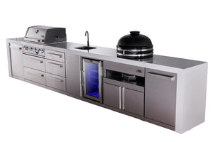 Mont Alpi Islands Mont Alpi 400 Deluxe Island with Beverage Center, Kamado Grill, and Drawer Cabinet | 4-Burner Grill, 3 Drawers, Sink, Fridge, Stainless Steel | MAi400-DBEVKAMDR