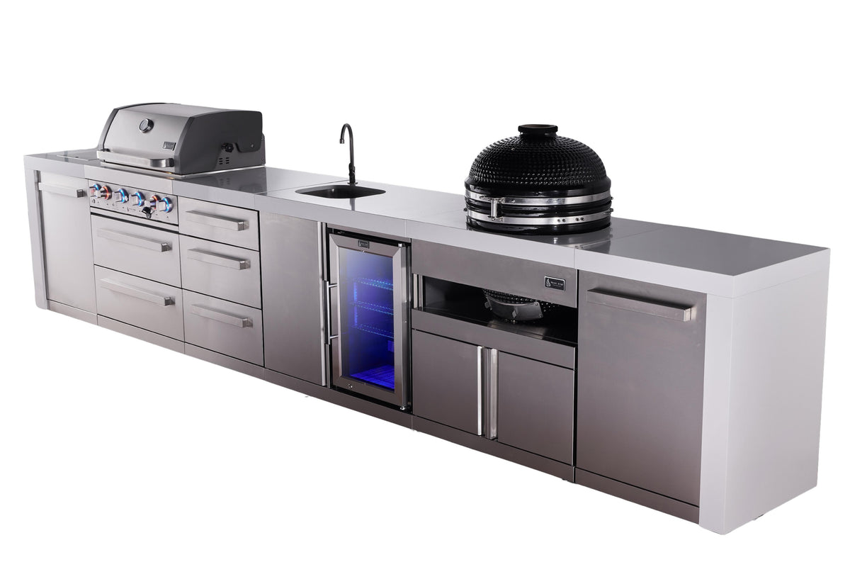Mont Alpi Islands Mont Alpi 400 Deluxe Island with Beverage Center, Kamado Grill, and Drawer Cabinet | 4-Burner Grill, 3 Drawers, Sink, Fridge, Stainless Steel | MAi400-DBEVKAMDR
