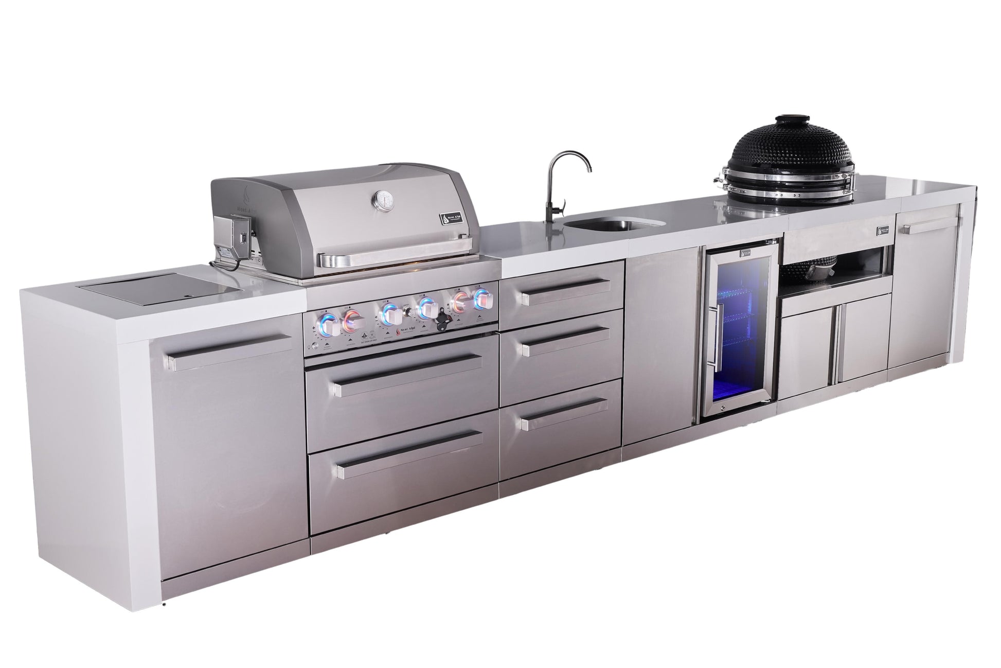 Mont Alpi Islands Mont Alpi 400 Deluxe Island with Beverage Center, Kamado Grill, and Drawer Cabinet | 4-Burner Grill, 3 Drawers, Sink, Fridge, Stainless Steel | MAi400-DBEVKAMDR