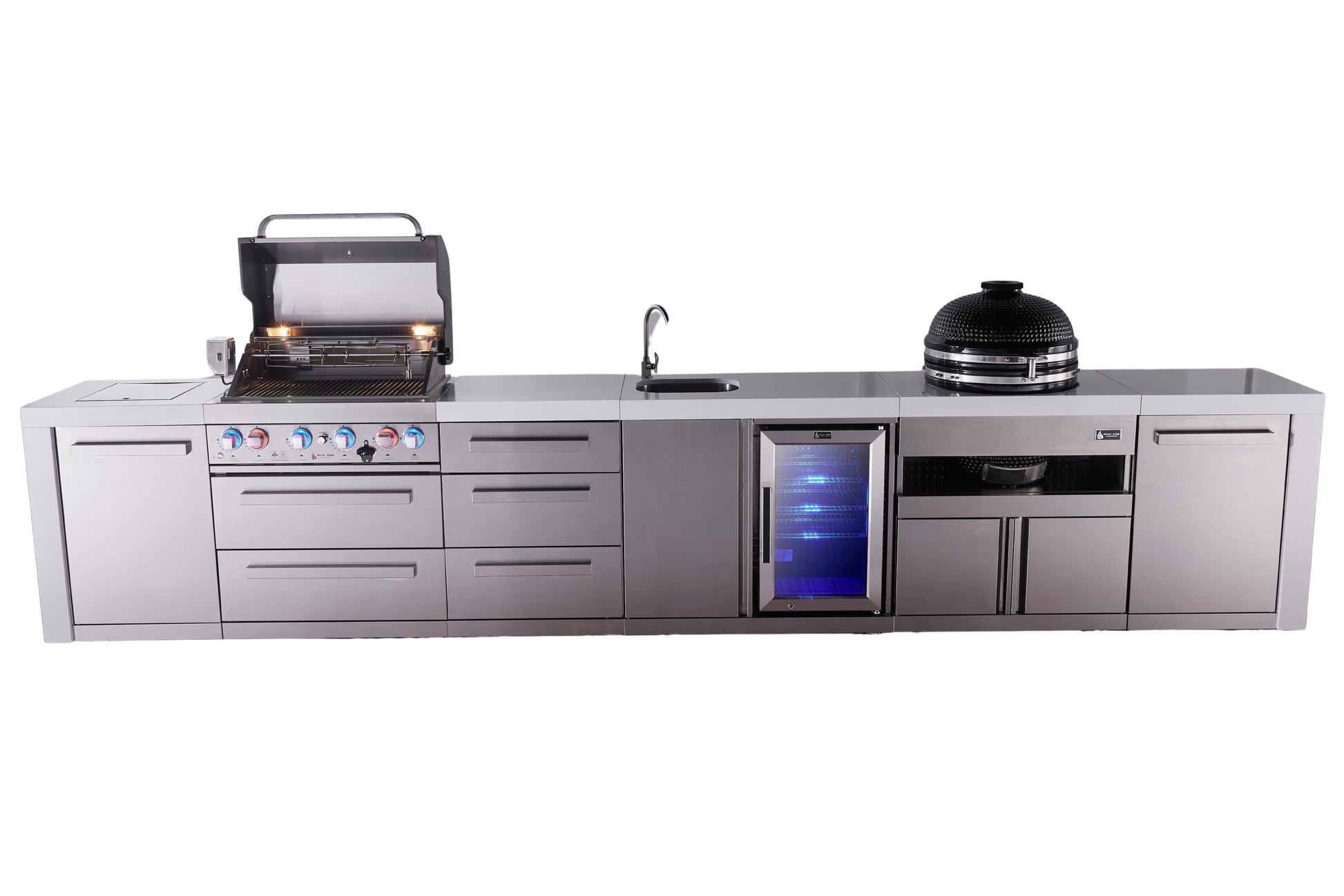 Mont Alpi Islands Mont Alpi 400 Deluxe Island with Beverage Center, Kamado Grill, and Drawer Cabinet | 4-Burner Grill, 3 Drawers, Sink, Fridge, Stainless Steel | MAi400-DBEVKAMDR