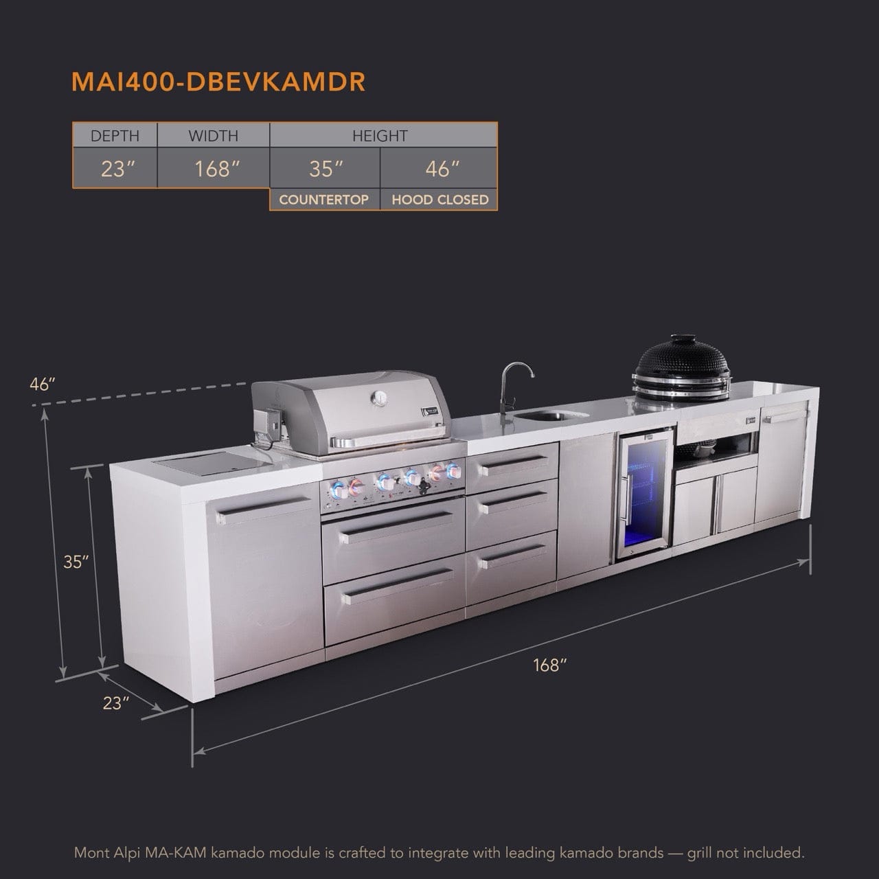 Mont Alpi Islands Mont Alpi 400 Deluxe Island with Beverage Center, Kamado Grill, and Drawer Cabinet | 4-Burner Grill, 3 Drawers, Sink, Fridge, Stainless Steel | MAi400-DBEVKAMDR