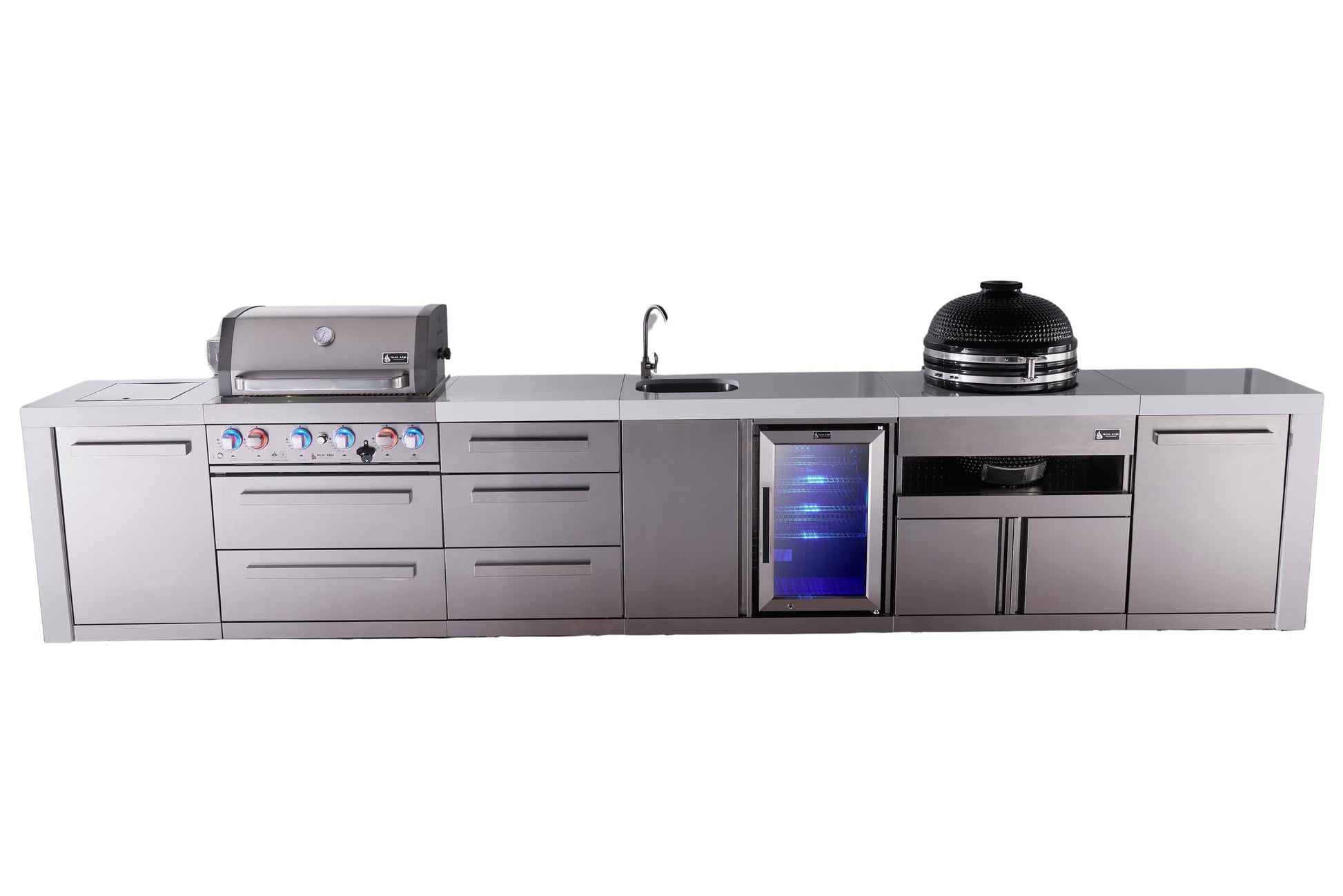 Mont Alpi Islands Mont Alpi 400 Deluxe Island with Beverage Center, Kamado Grill, and Drawer Cabinet | 4-Burner Grill, 3 Drawers, Sink, Fridge, Stainless Steel | MAi400-DBEVKAMDR