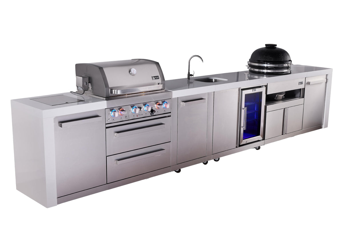 Mont Alpi Islands Mont Alpi 400 Deluxe Island with Beverage Center, Kamado Grill, and Extra Storage Cabinet | 4-Burner Grill, Sink, Fridge, Stainless Steel | MAi400-DBEVKAMXL