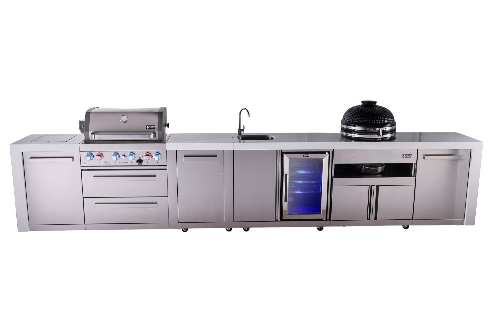 Mont Alpi Islands Mont Alpi 400 Deluxe Island with Beverage Center, Kamado Grill, and Extra Storage Cabinet | 4-Burner Grill, Sink, Fridge, Stainless Steel | MAi400-DBEVKAMXL